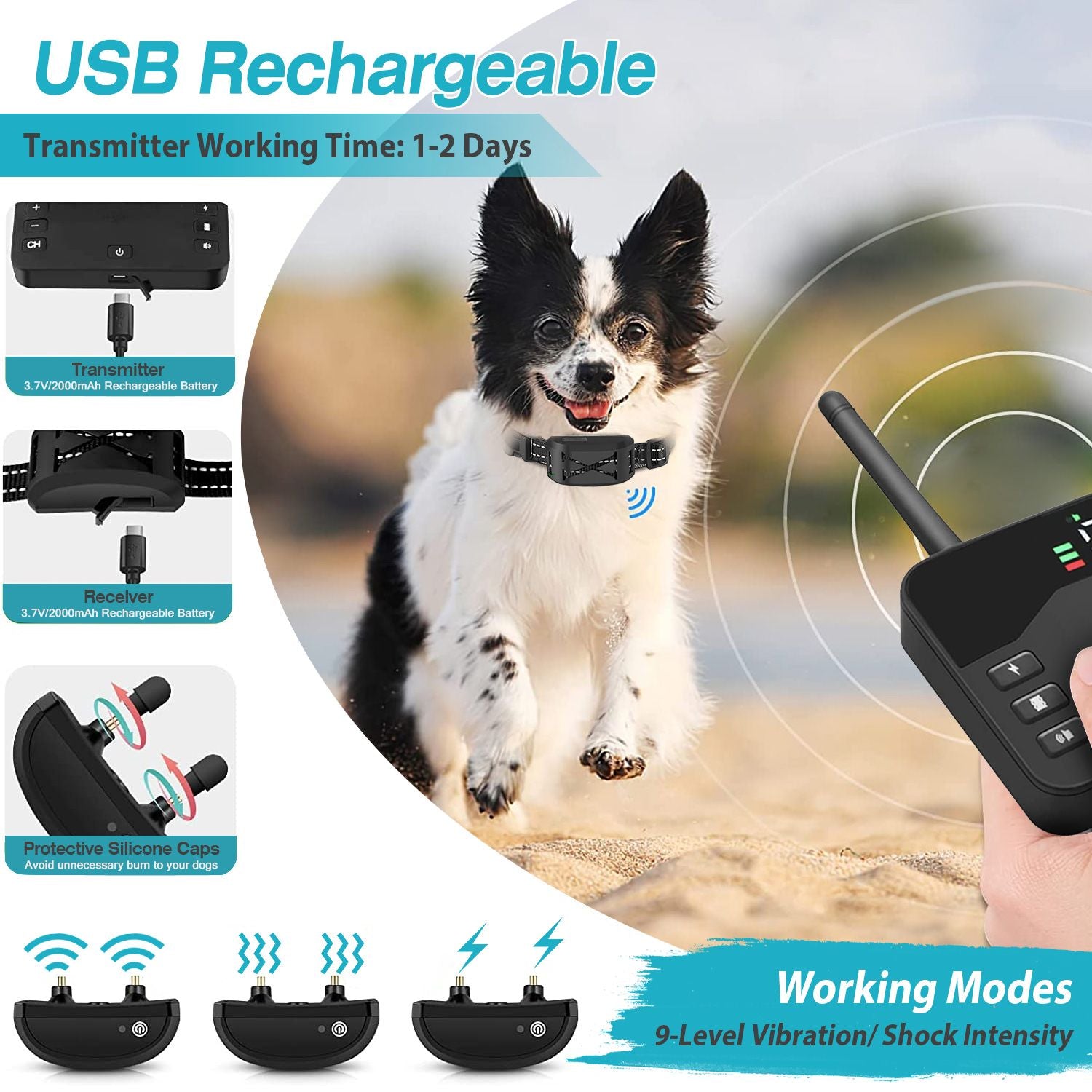 2 In 1 wireless electric dog fence with adjustable waterproof collar for dogs, featuring multiple training modes and USB rechargeable.