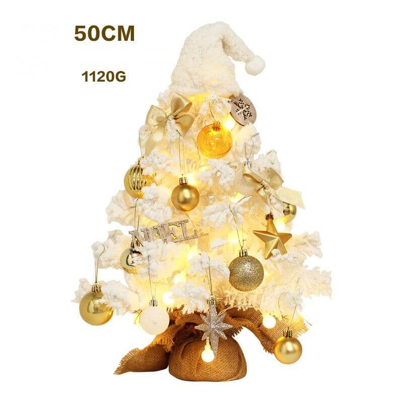 Tabletop Christmas Tree - Mini snow flocked with gold ornaments, perfect for small spaces and holiday decoration on desks or tables.
