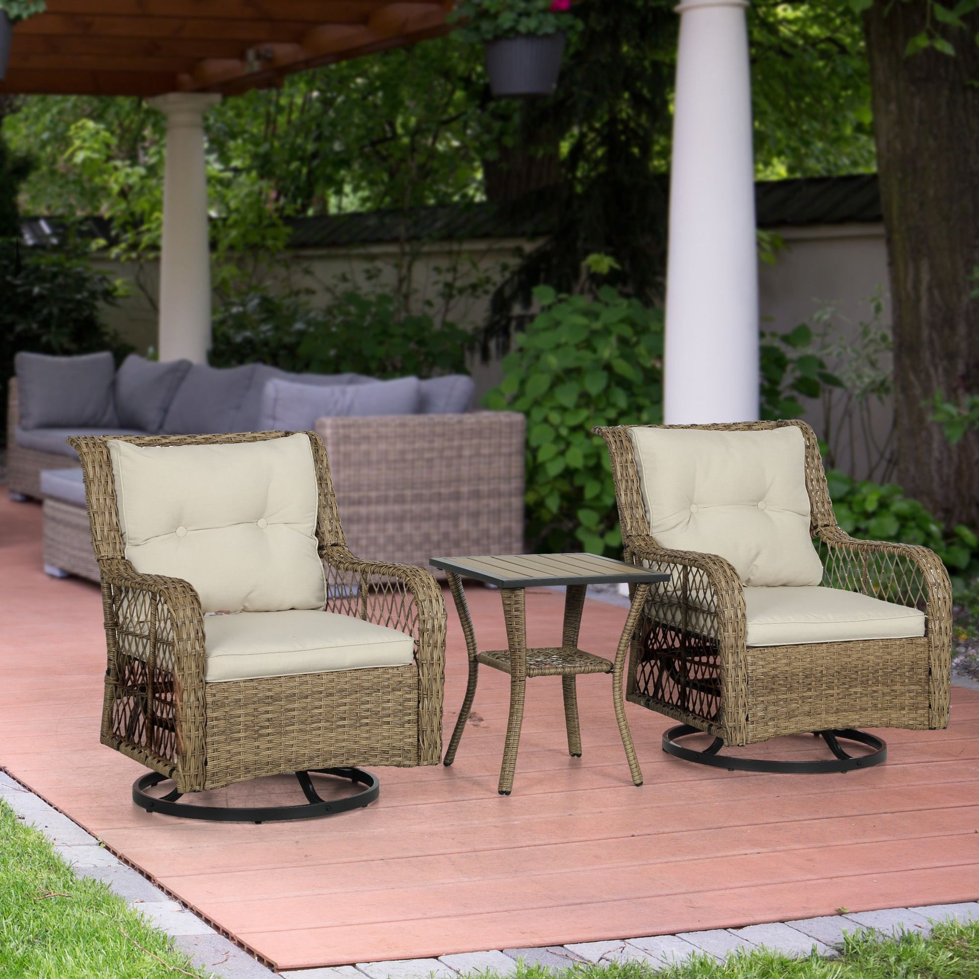 Outsunny 3 Piece Outdoor Bistro Set with Swivel Wicker Chairs and Table, Beige, for Patio, Porch Settings