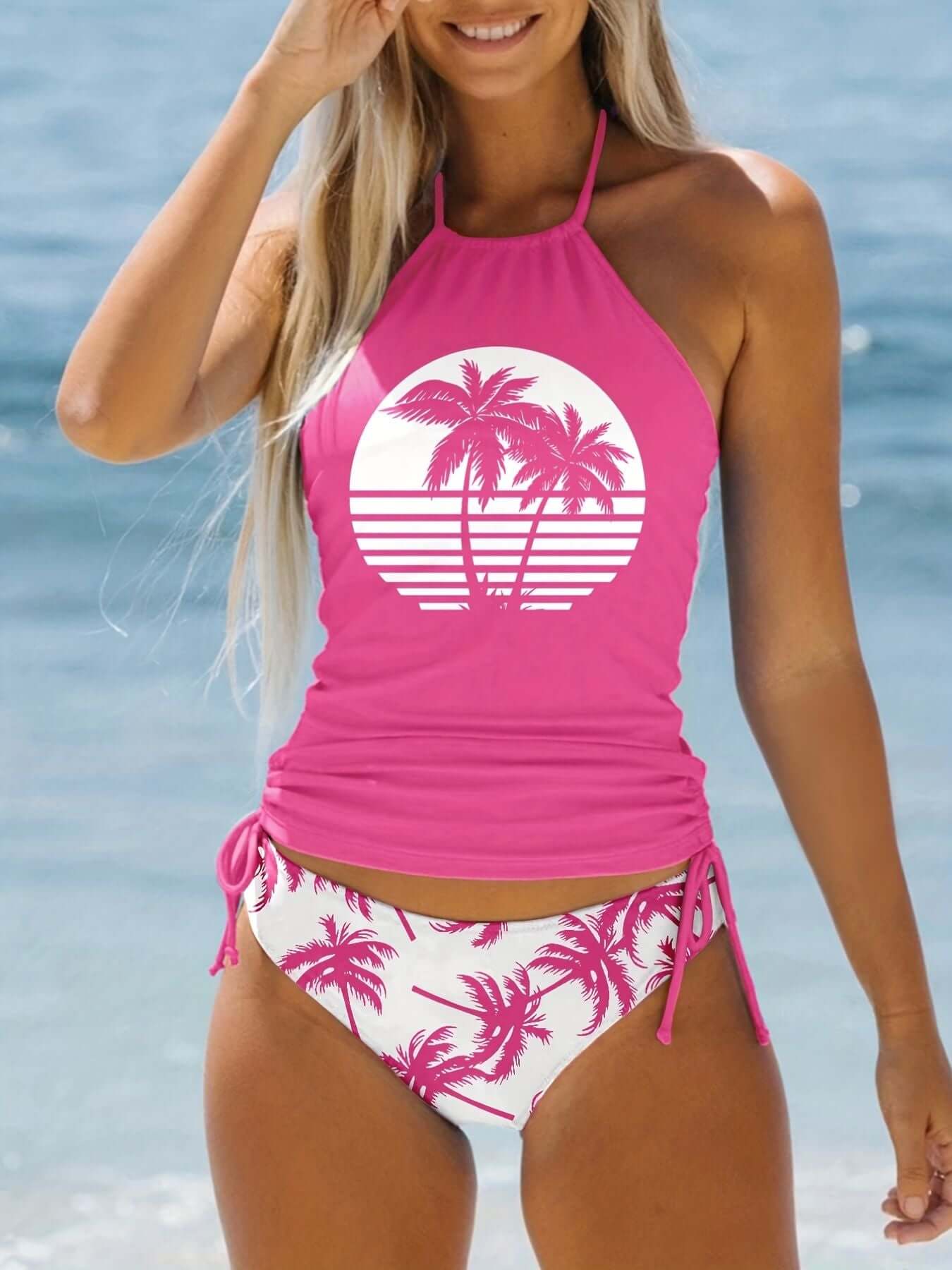 Coconut Tree Sunset Pattern Drawstring Swimsuit, Halter Tie Neck Backless 2 Piece Set by The Tabby Spot, Beachwear for Women