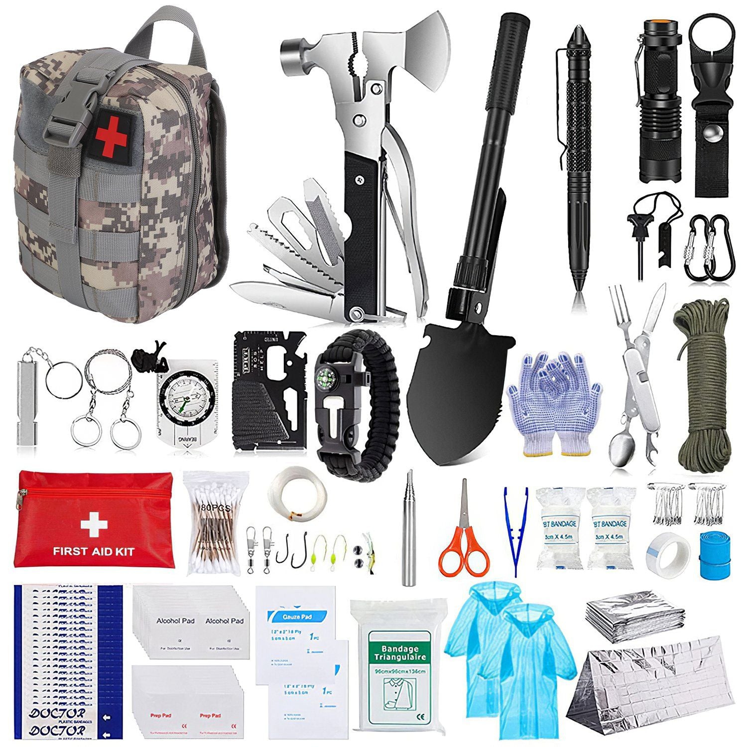 125Pcs Survival Kit with tactical gear, axe, shovel, flashlight, compass, first aid supplies for camping, hiking, hunting, emergencies.