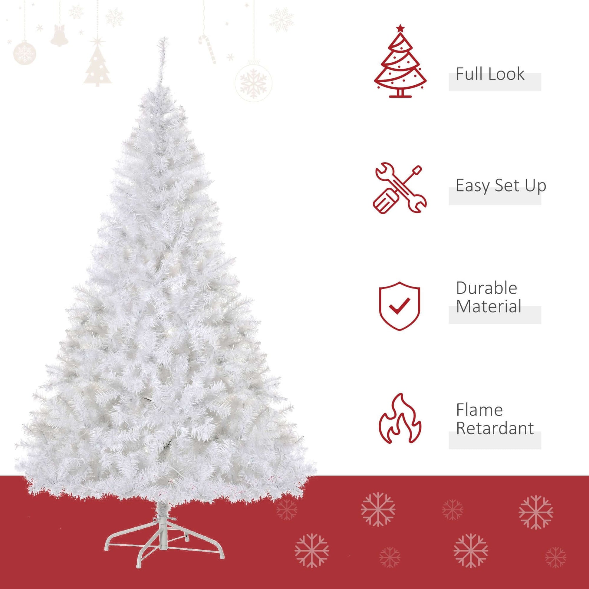 White Christmas Tree - 6ft Pre-Lit with 250 Warm White LED Lights featuring full look, easy setup, durable material, and flame retardant.