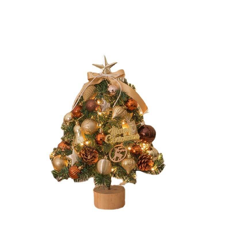 Mini snow flocked Tabletop Christmas Tree with gold ornaments for festive home decor.