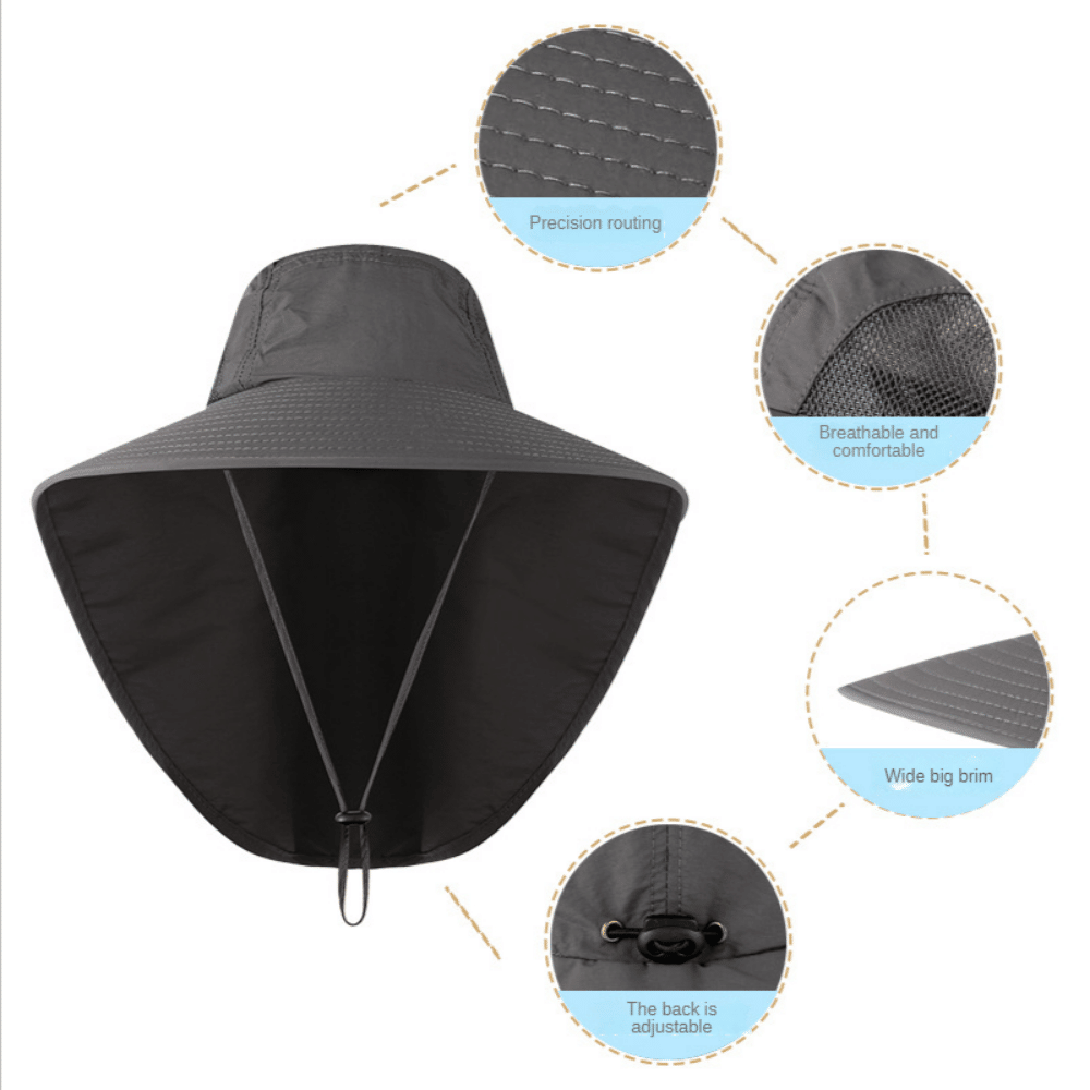 Black outdoor fisherman hat with wide brim, neck flap, breathable fabric, and adjustable back, ideal for sun protection and comfort.