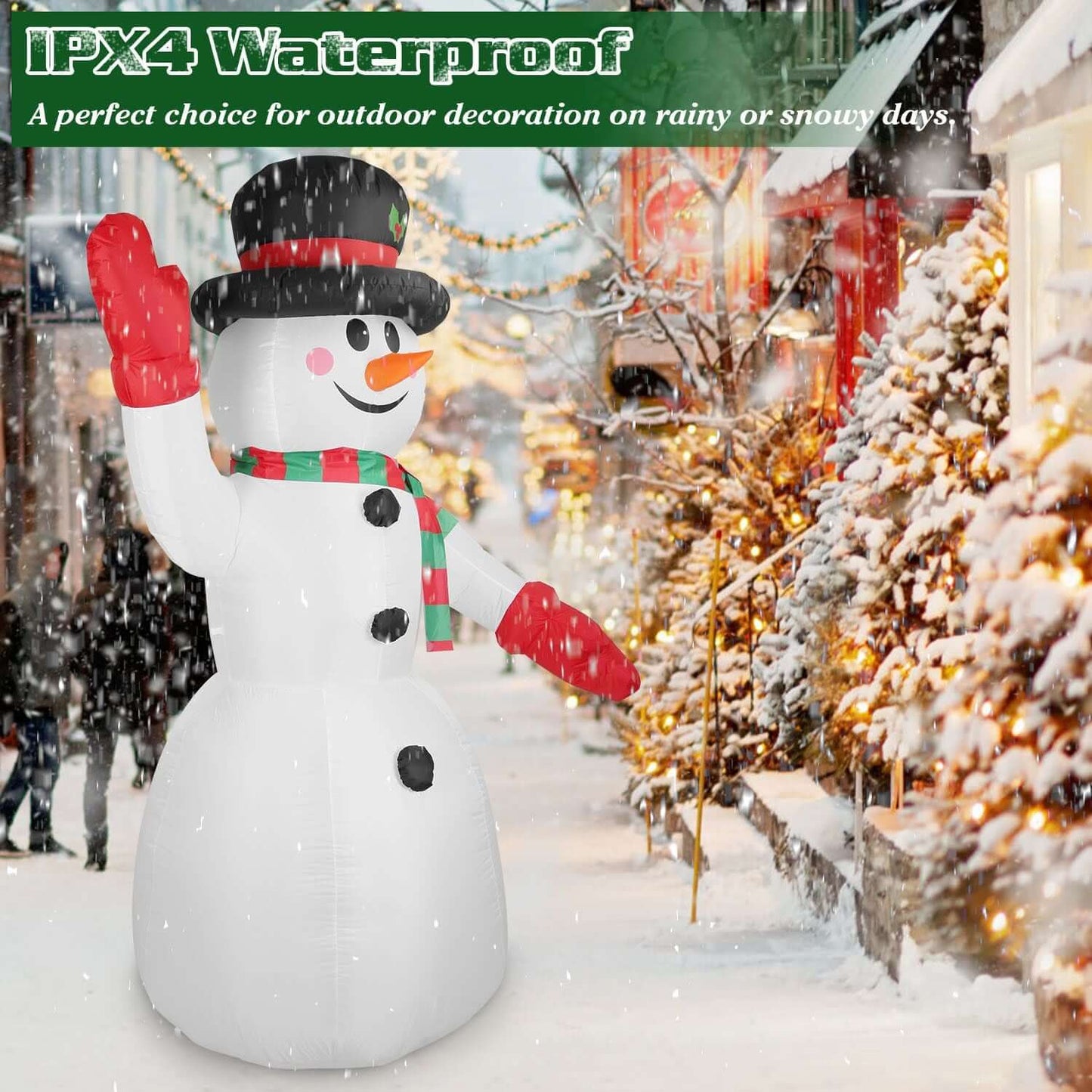 Christmas Inflatable Giant Snowman 7.9FT in snowy outdoor scene with black hat, red hands, and colorful scarf.