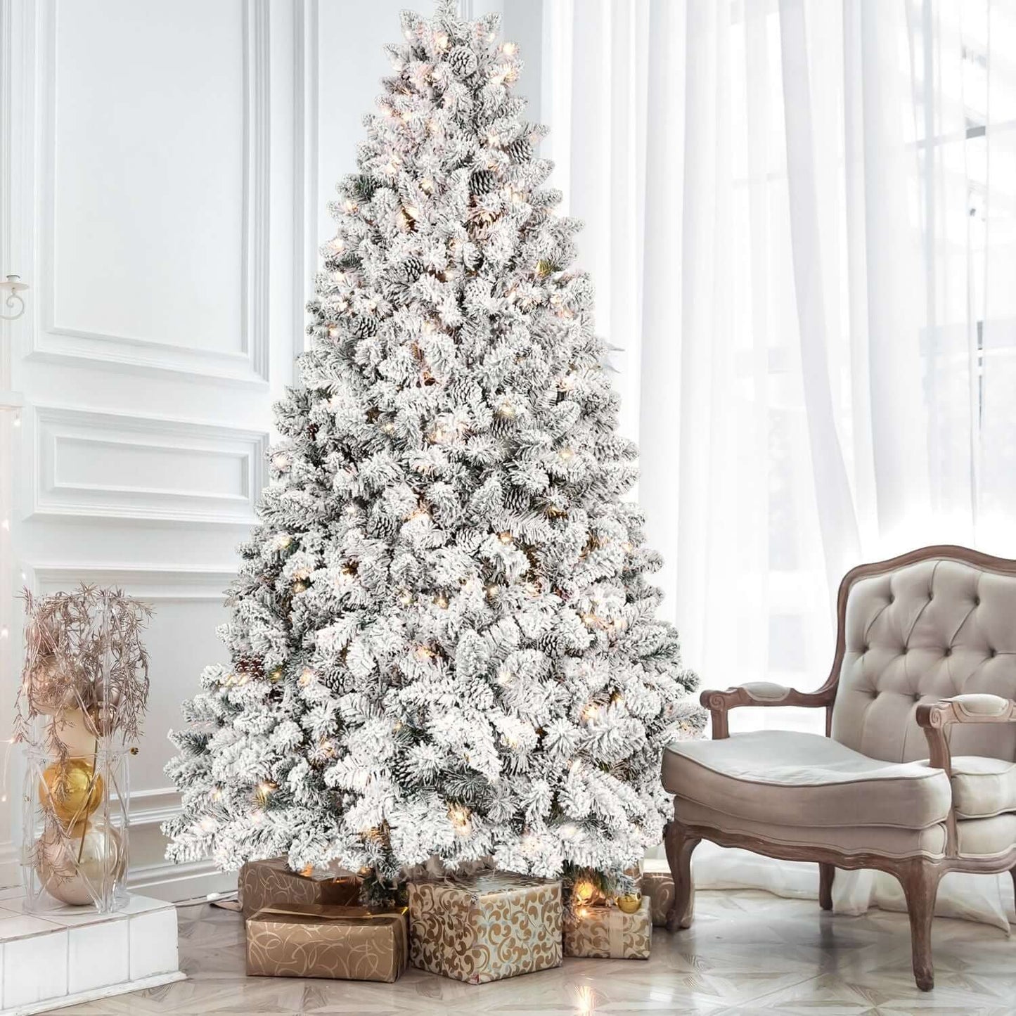 Flocked Christmas Tree with Lights, 7ft pre-lit with pine cones, beautifully adorned and snow-dusted, perfect for a festive holiday display.