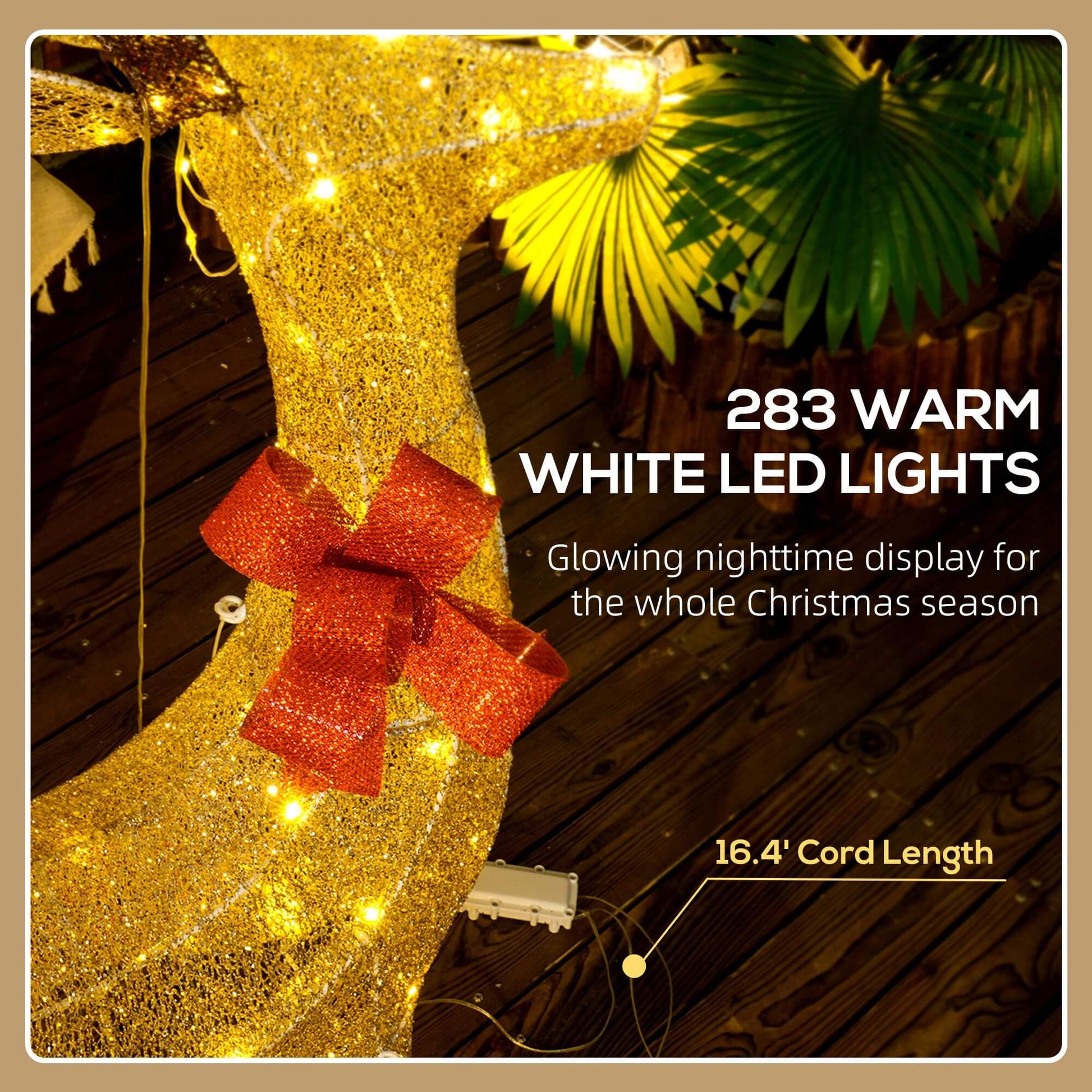 Christmas Deer Decorations with red bow and 283 warm white LED lights glowing for holiday display, 16.4' cord length.