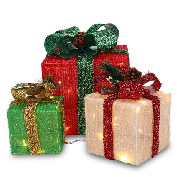 LED60 Light Warm White Christmas Gift Box 3-Piece Set with festive design and LED lights for indoor and outdoor decoration.