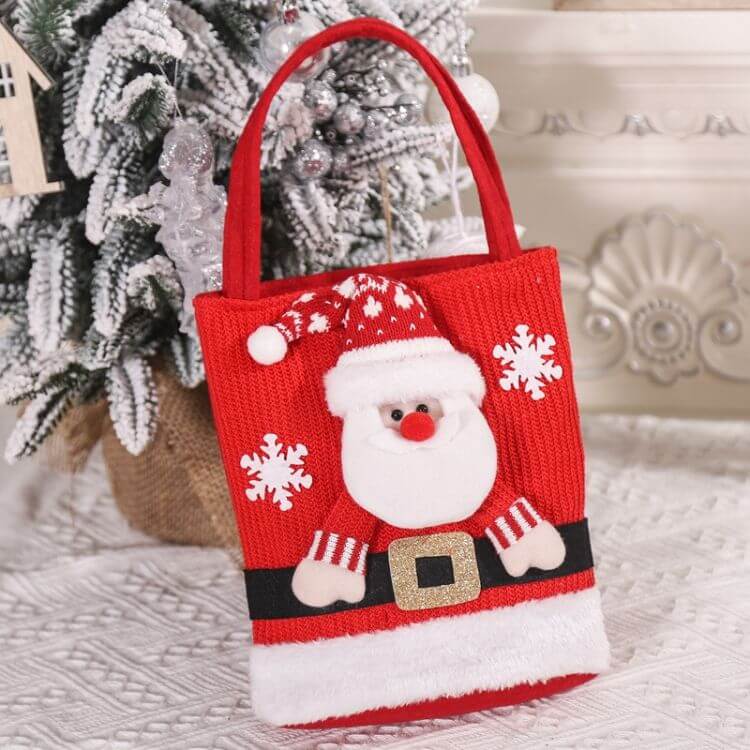 Christmas Candy Tote Bag for Kids with Santa design, ideal for holiday treats and gifts. Red and white tote with handle, festive decoration.