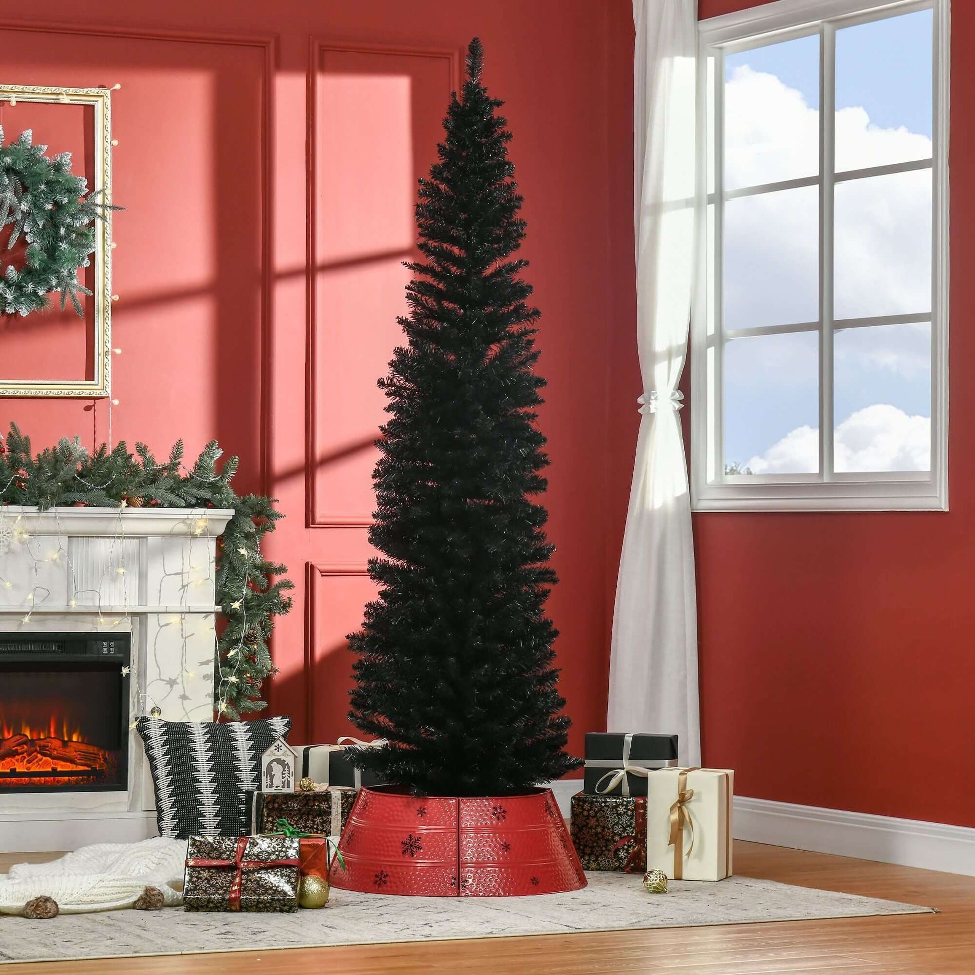 7ft Artificial Pencil Slim Christmas Tree in living room with presents and fireplace, perfect for small spaces and festive decor