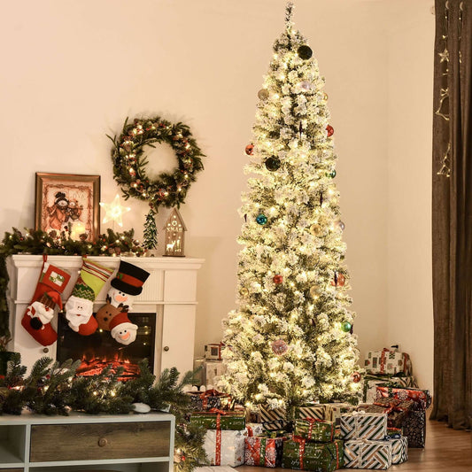 Pre-Lit Snow-Flocked Slim Douglas Fir Tree 7.5ft with 350 LED lights, surrounded by festive decor and gifts in a cozy living room.