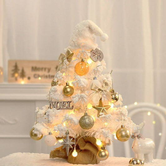 Tabletop Christmas Tree mini snow flocked with gold ornaments, perfect for holiday decor, white background.
