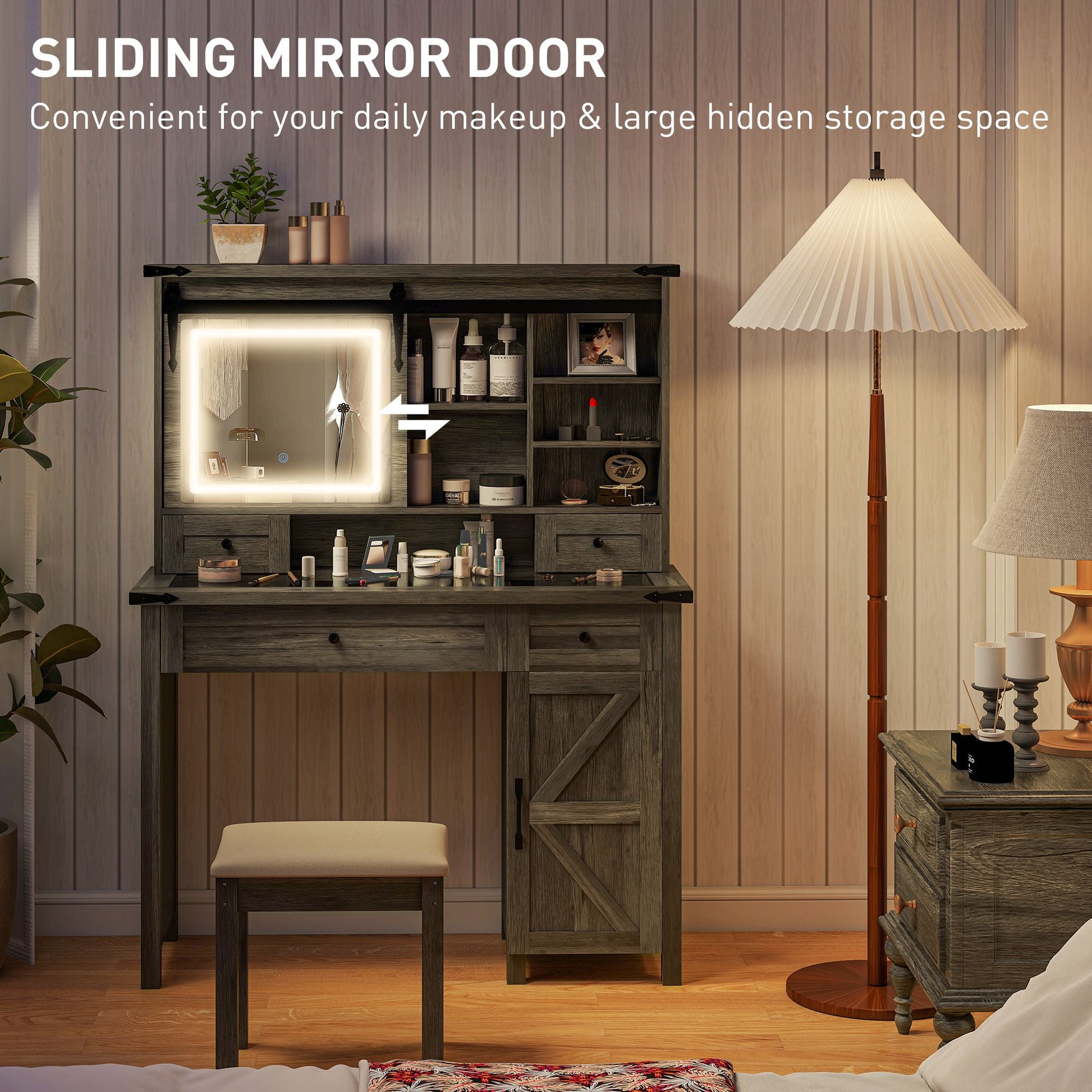 HOMCOM Vanity Desk Set with Mirror & Lights, cushioned stool, sliding mirror door, storage drawers, and shelves for bedroom, gray.