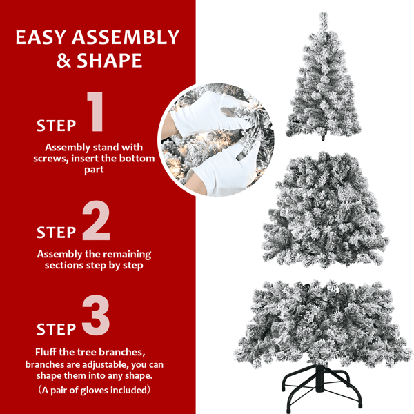 Artificial 6ft Flocked Christmas Tree 250L LED easy assembly instructions with step-by-step shaping for holiday decorations.