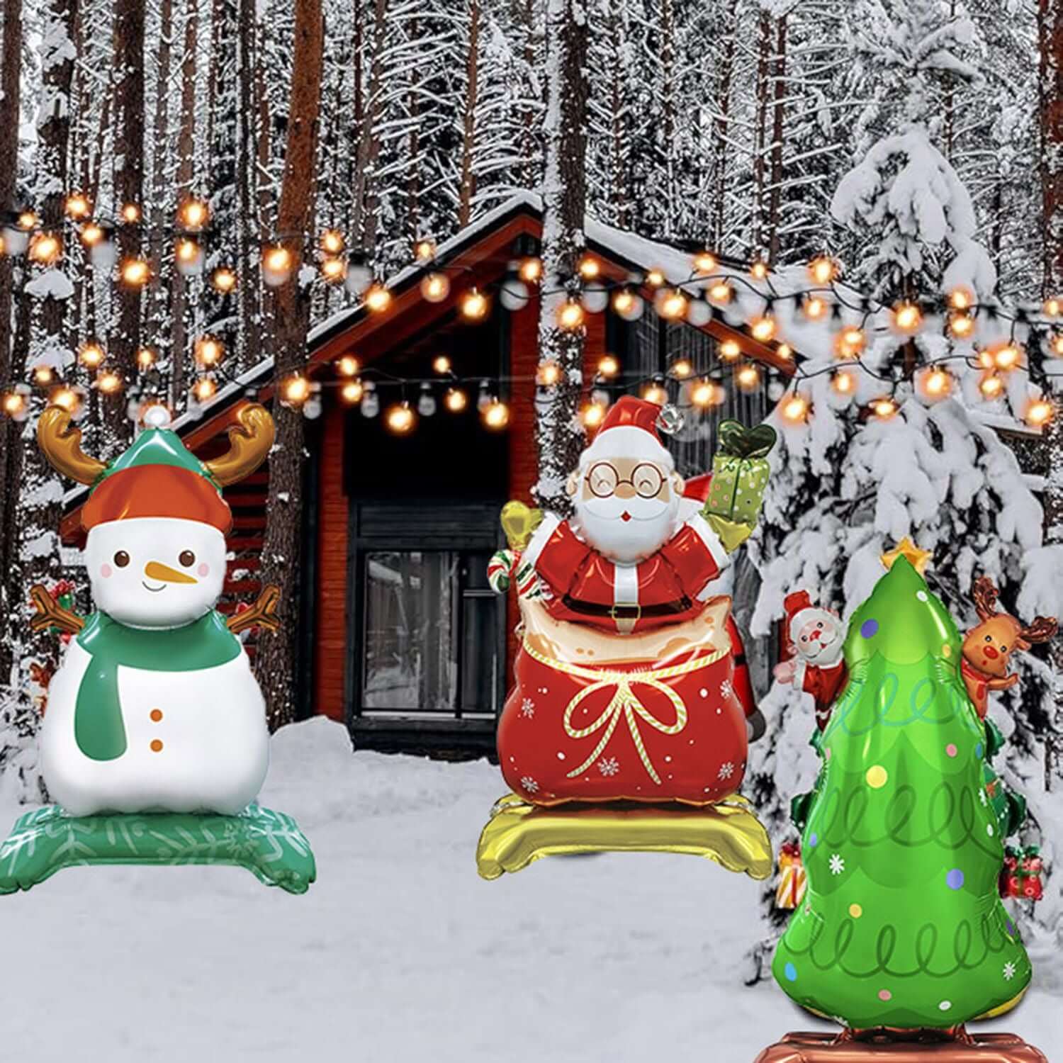 Christmas Mylar Balloons with Base featuring snowman, Santa, and tree in a snowy winter scene with cabin and lights, 3D foil style.