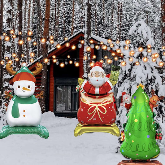 Christmas Mylar Balloons with Base featuring snowman, Santa, and tree in a snowy winter scene with cabin and lights, 3D foil style.