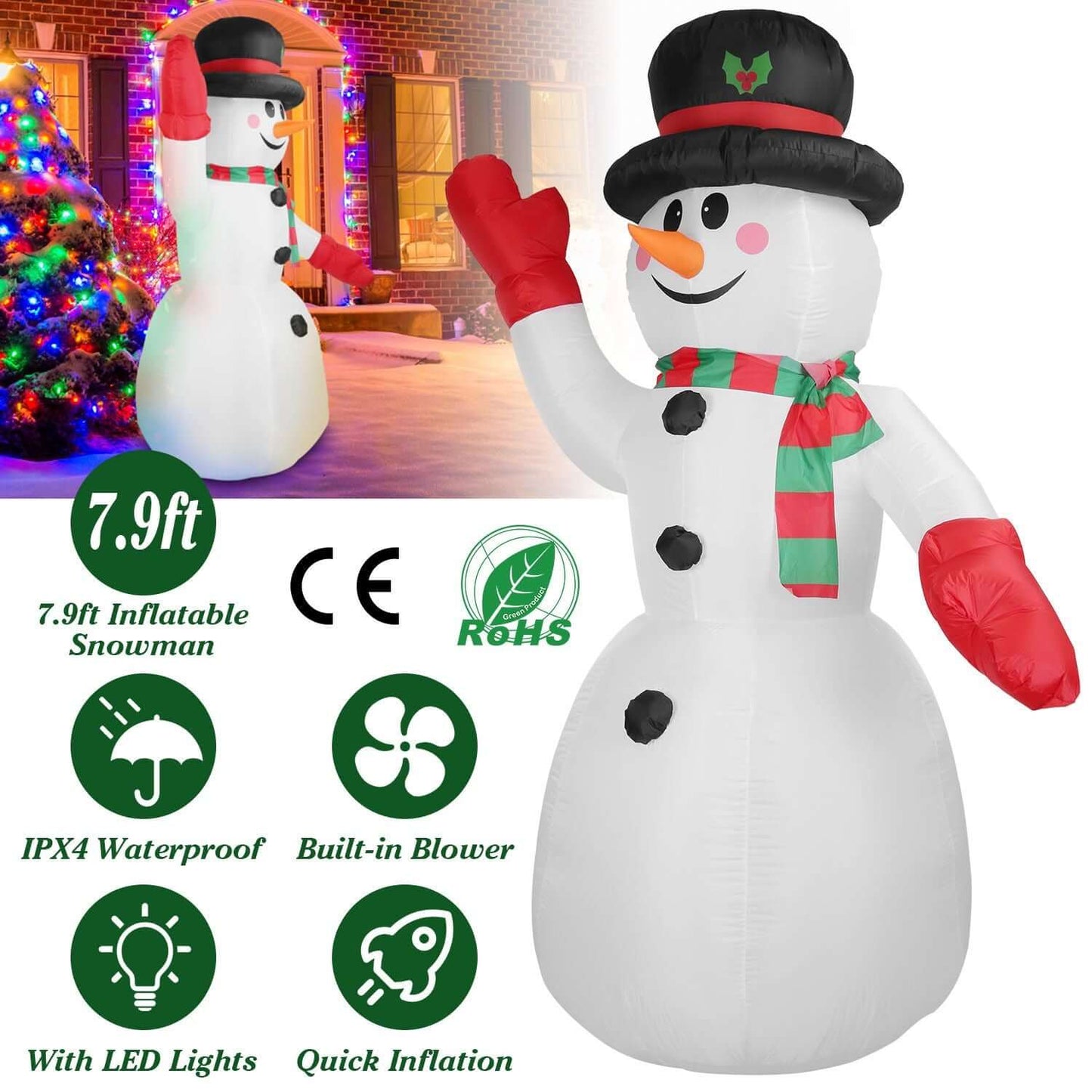 Christmas Inflatable Giant Snowman 7.9FT with black hat, red hands, green and red scarf, outdoor decoration with LED lights