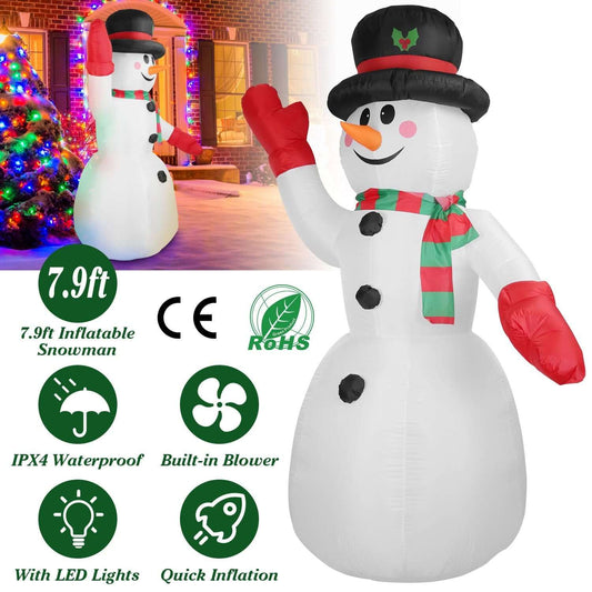 Christmas Inflatable Giant Snowman 7.9FT with black hat, red hands, green and red scarf, outdoor decoration with LED lights