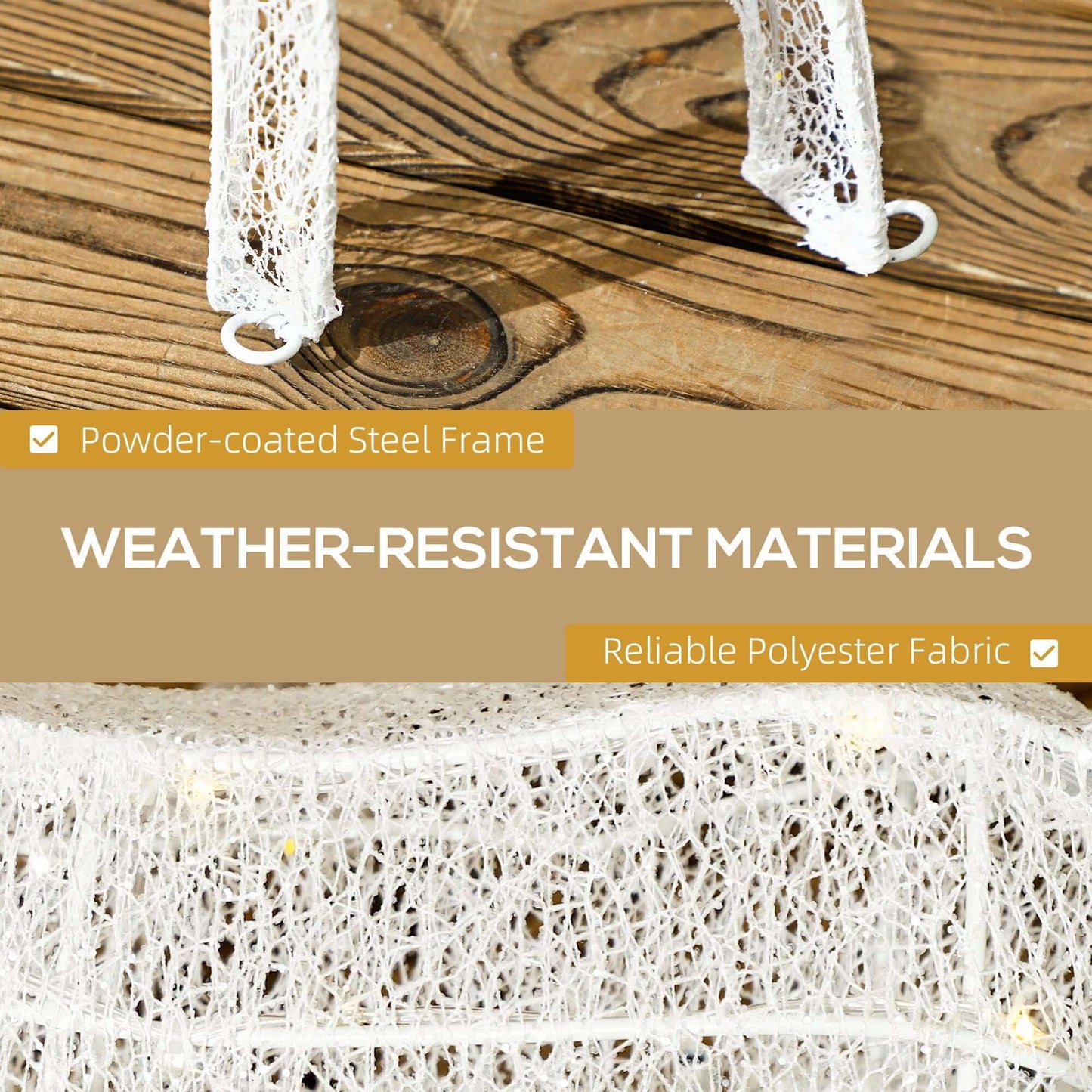 Christmas Deer Decorations showcased with weather-resistant materials including powder-coated steel frame and polyester fabric.