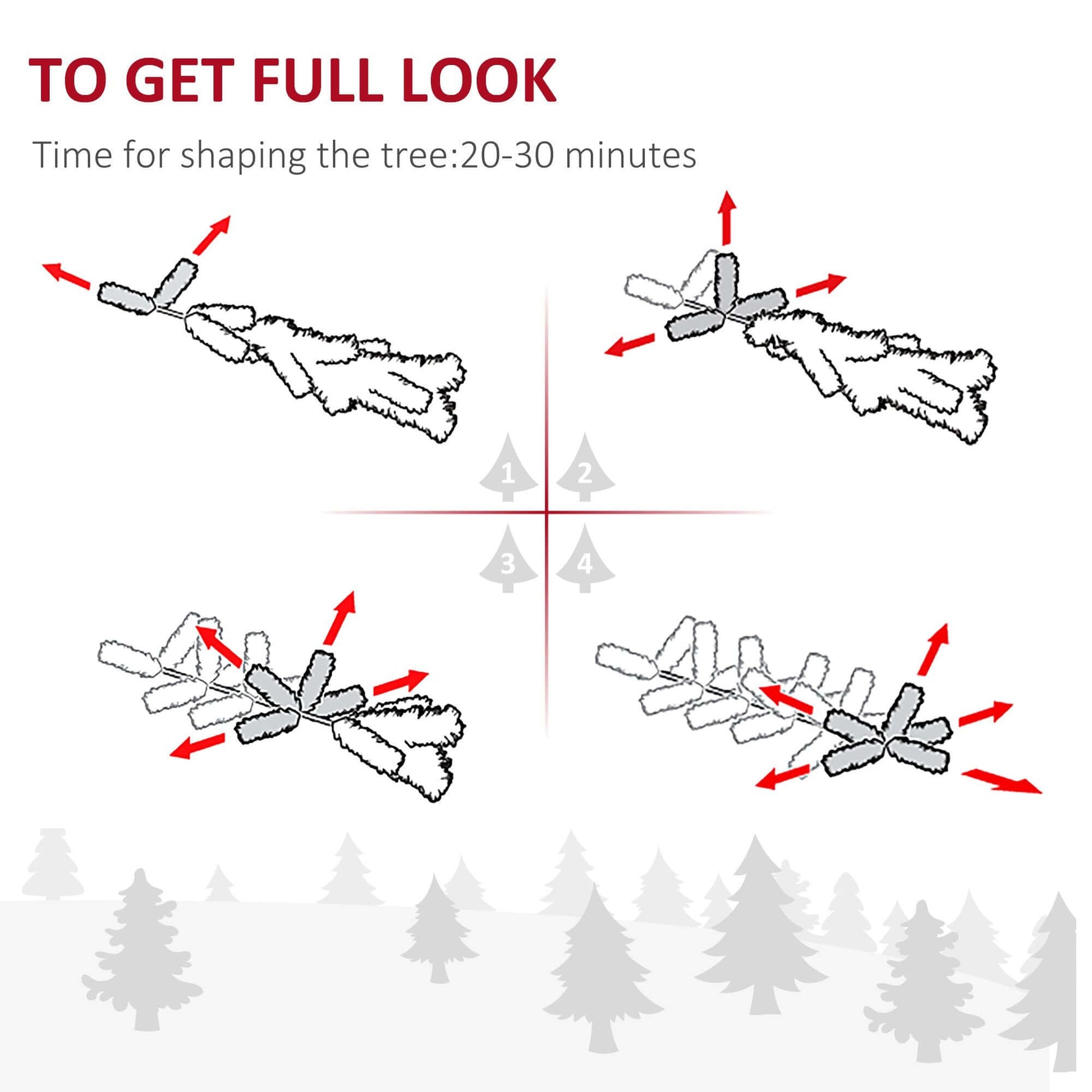 Diagram showing branch shaping instructions for Pre-Lit Snow-Flocked Slim Douglas Fir Tree, with 20-30 minute setup time.