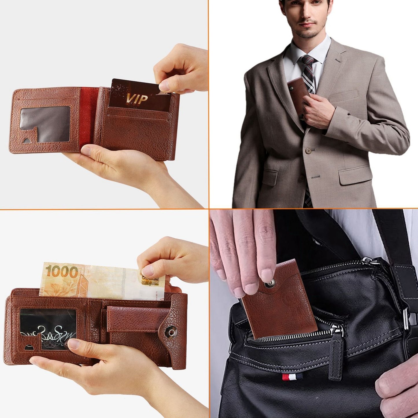 Men's bifold wallet showing RFID blocking, card slots, and ID window with PU leather in practical use.