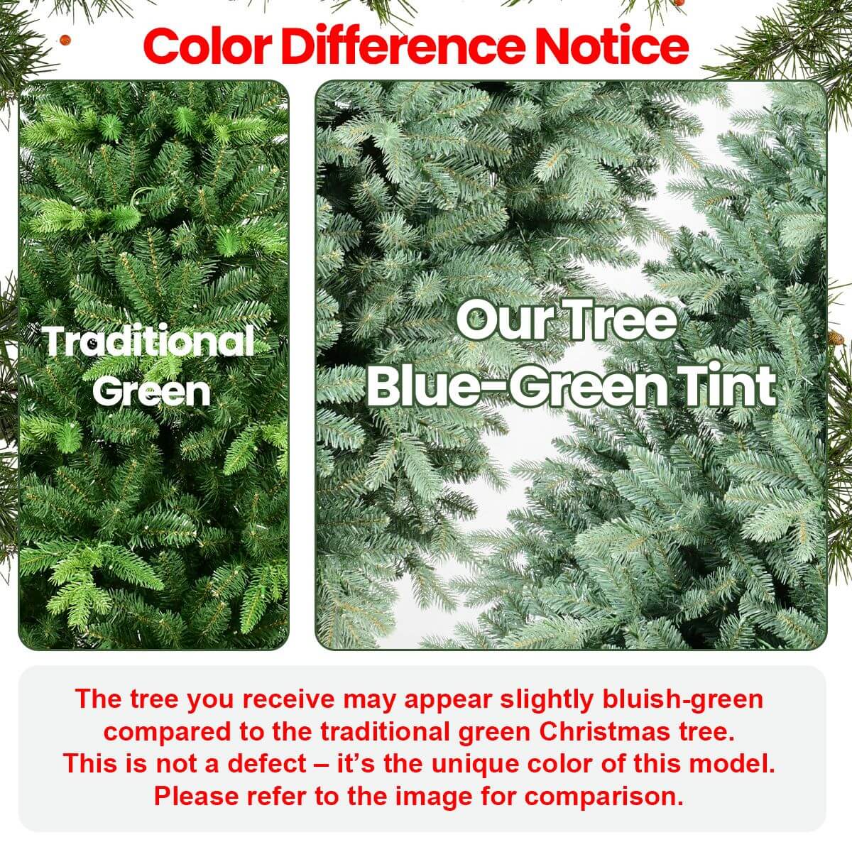 Color comparison of blue-green tint on the Blue Spruce Artificial Christmas Tree Prelit against traditional green trees.