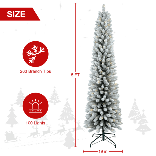 5ft Flocked Pencil Christmas Tree with 263 Tips, LED warm white lights, foldable base for indoor decor, 19 inches wide