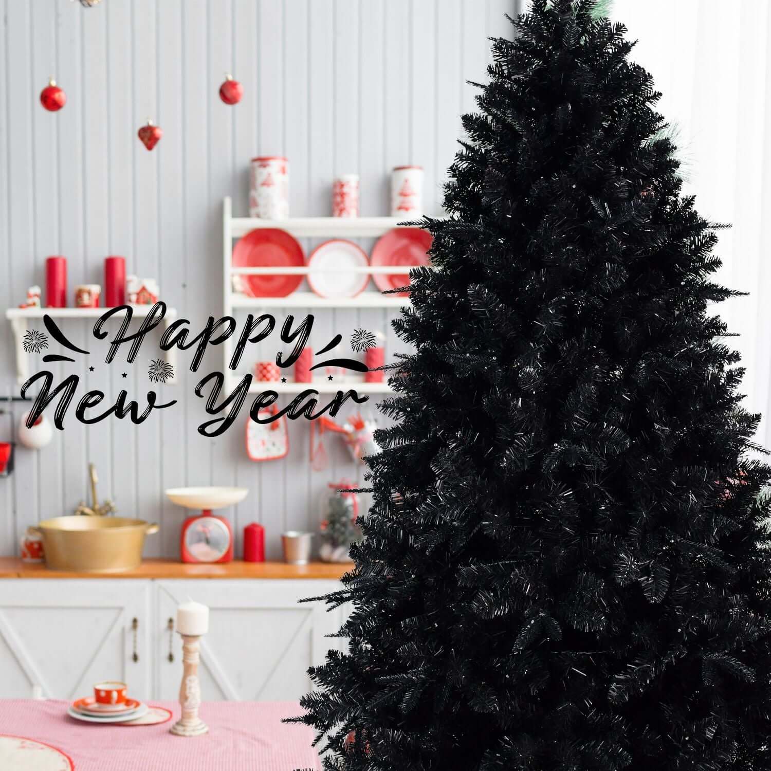Black Christmas Tree with White LED Lights in a festive holiday setting with 'Happy New Year' decoration.