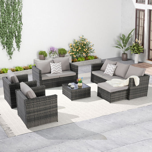 5 Piece Patio Furniture Set with light gray cushions, weather-resistant rattan sectional and glass table for garden and backyard.