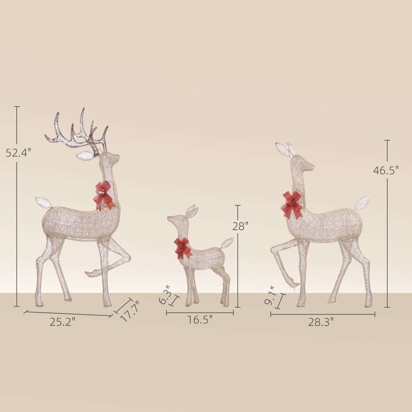 Christmas Deer Decorations - 4.5ft Light Up Reindeer Family Set dimensions with red bows and brown antlers.