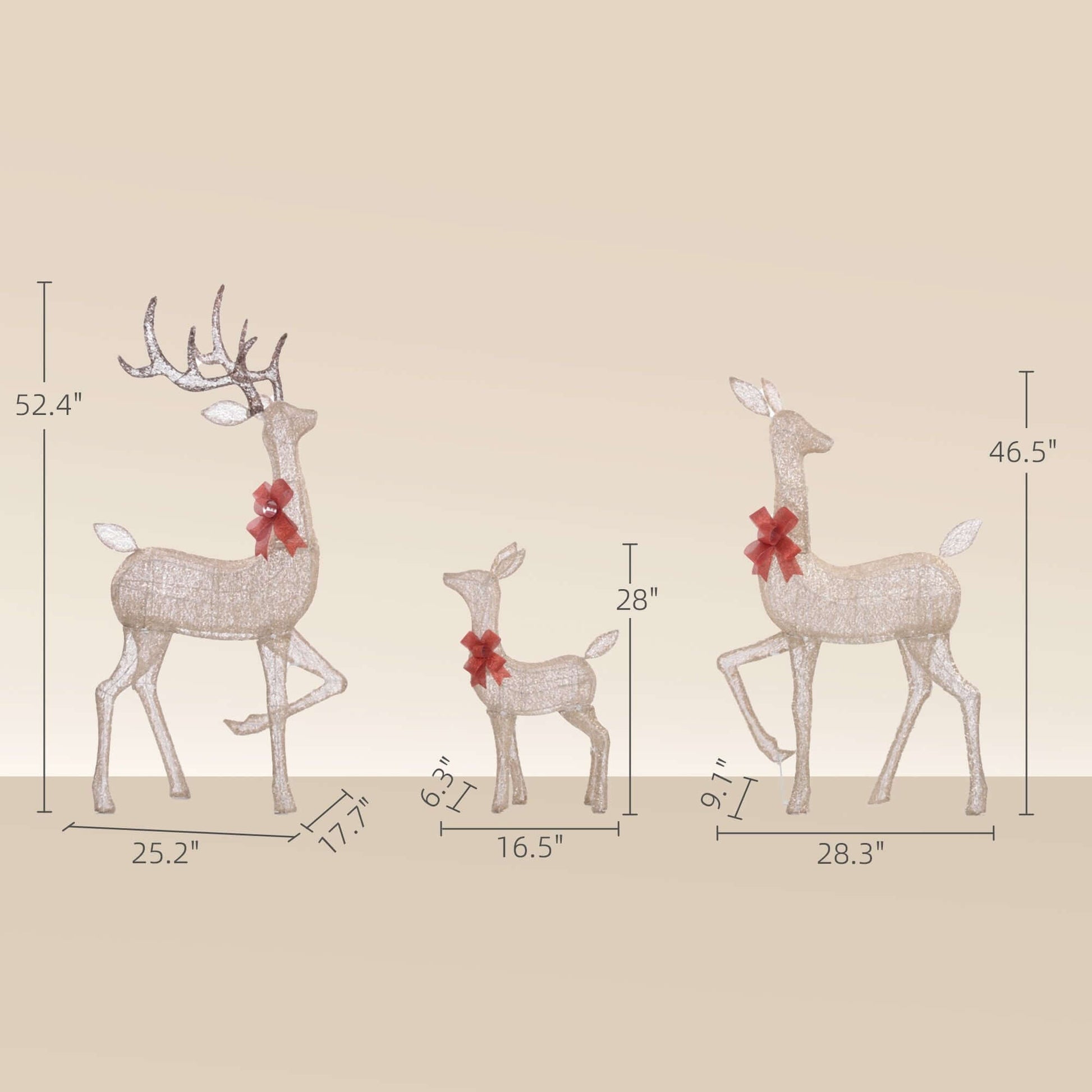 Christmas Deer Decorations - 4.5ft Light Up Reindeer Family Set dimensions with red bows and brown antlers.