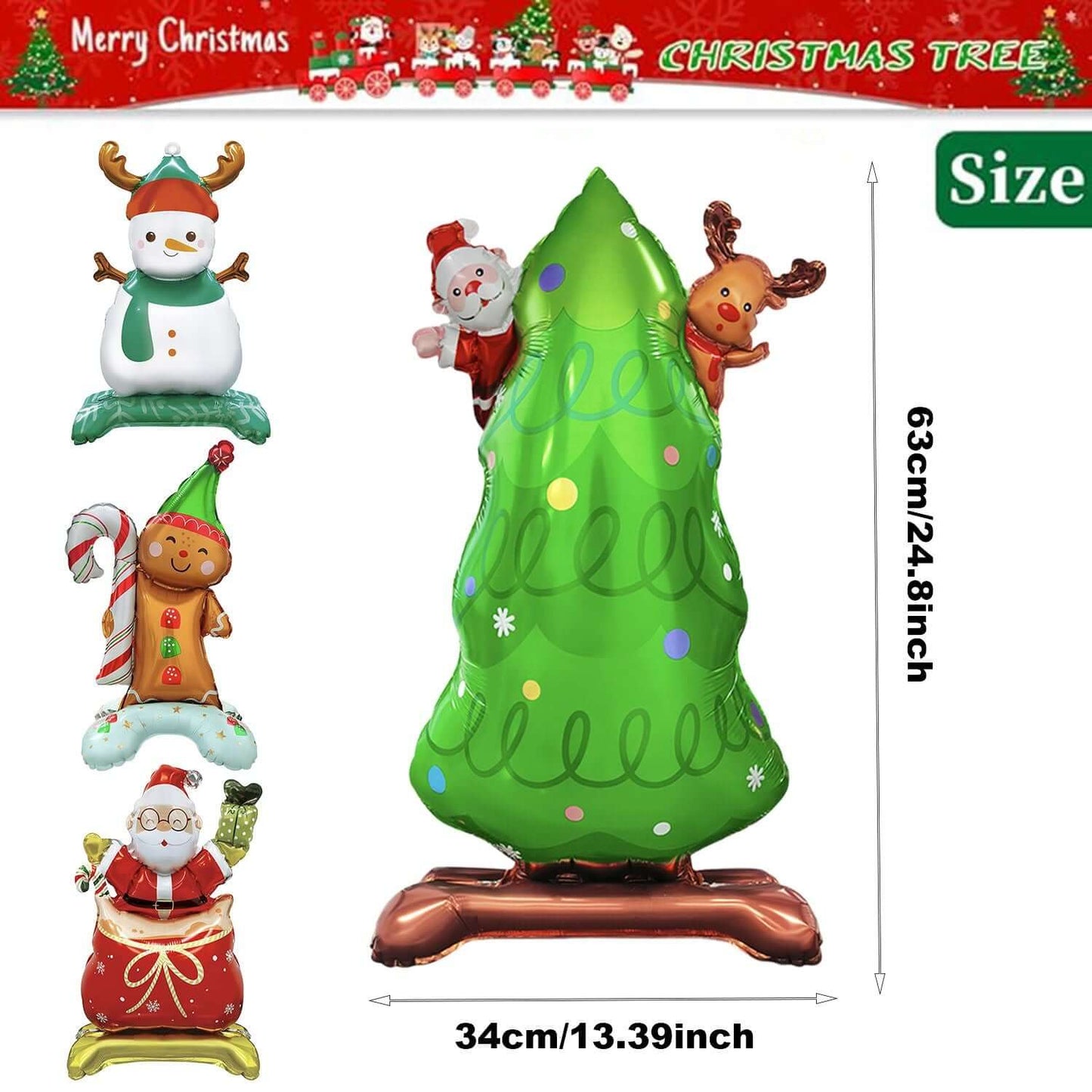 8 pack 3D Christmas Mylar Balloons with Base, featuring Santa, snowman, and Xmas tree design, perfect for festive decorations.
