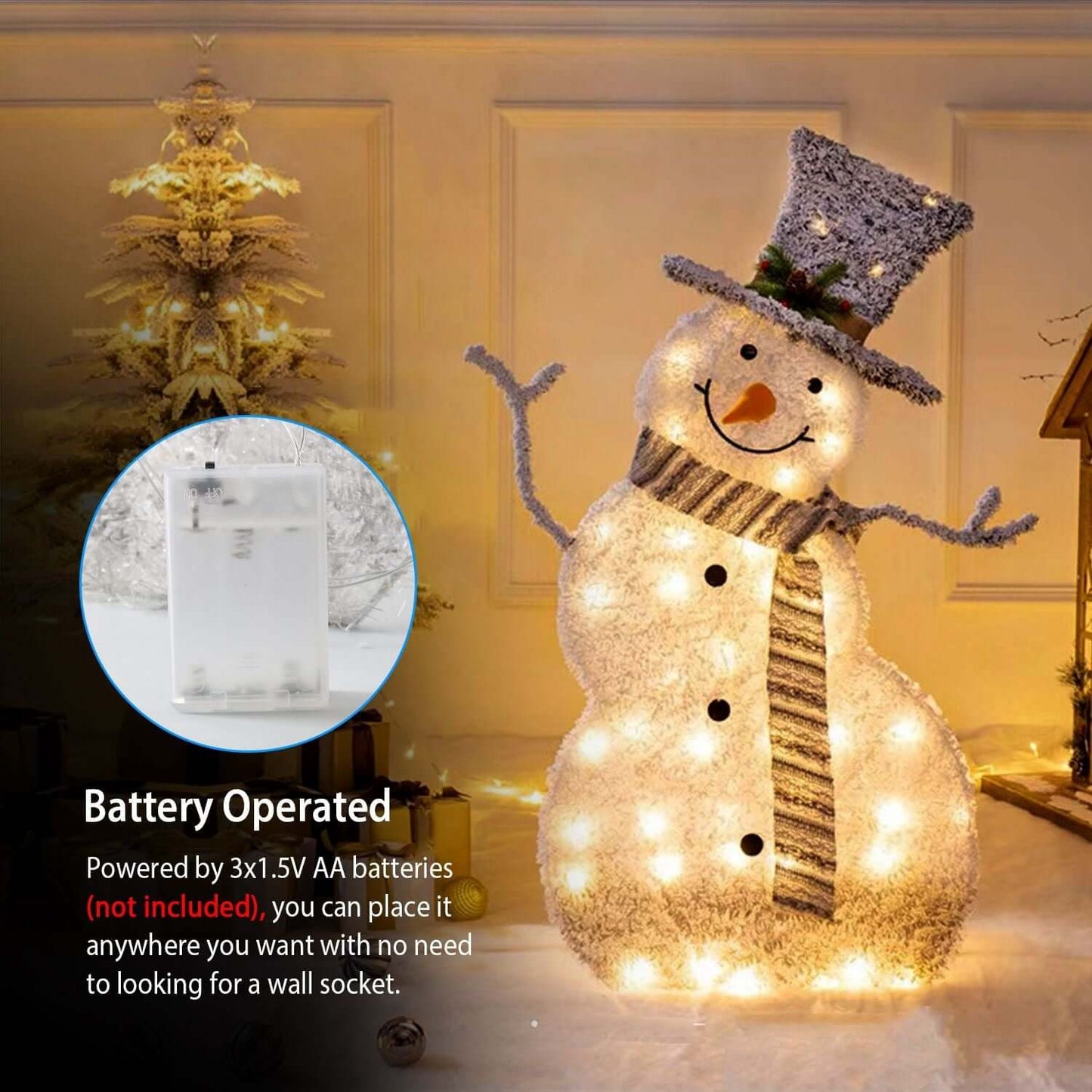 LED Christmas Snowman Decoration Light Battery for festive holiday displays, featuring glitter finish and battery operation.