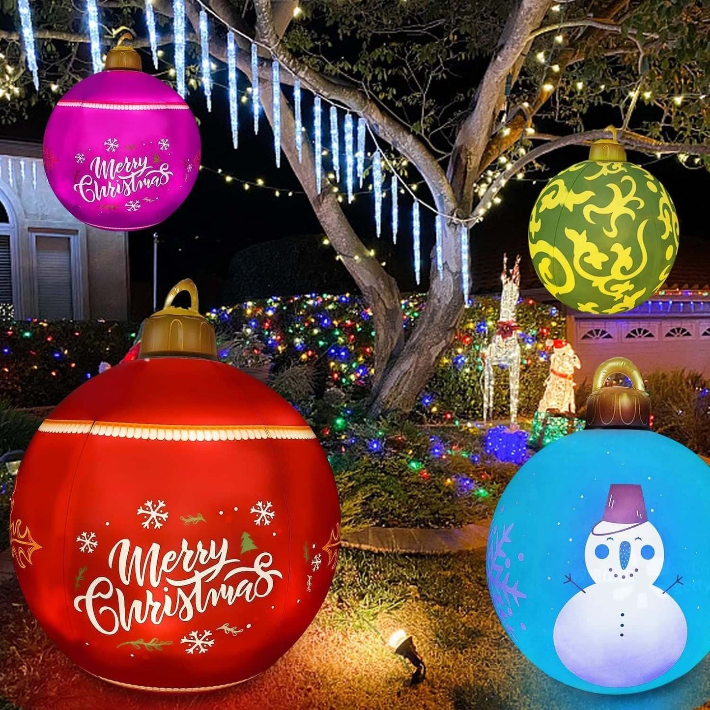 Four colorful Inflatable Christmas Balls light up a festive yard with trees and ornaments, featuring 'Merry Christmas' text and snowman design.