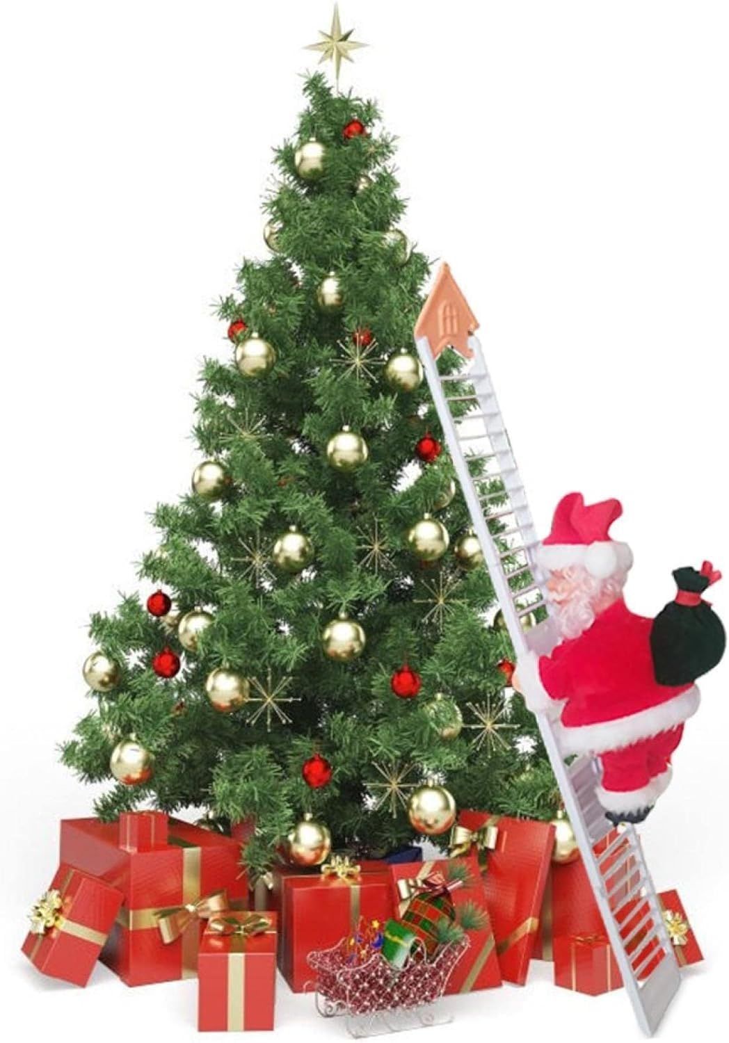 Christmas Electric Climbing Santa on ladder with gifts by decorated tree with music and LED lights for holiday decoration.