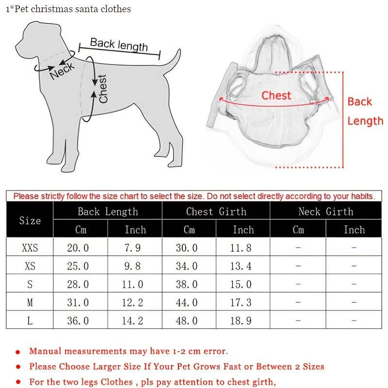 Size chart for Christmas Santa Claus Dog Hoodie Winter Jacket for small and medium dogs with illustrations and measurements in cm and inches.