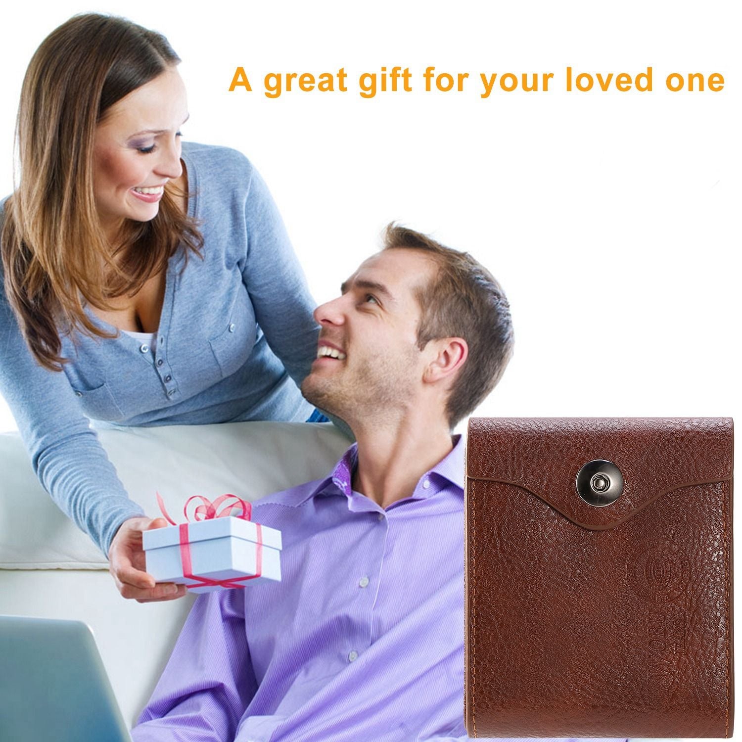 Woman giving gift with Men's PU Leather Bifold Wallet in foreground, ideal for RFID blocking and card storage, perfect for gifts.