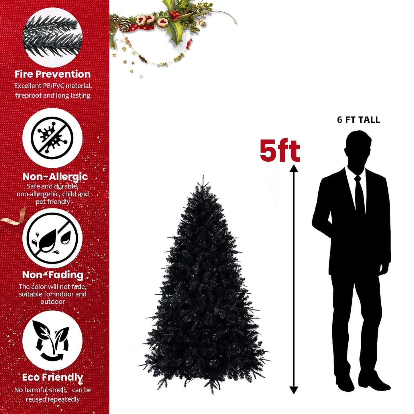 Black Christmas Tree with White LED Lights,5ft next to 6ft silhouette showcasing size, with fire prevention, non-allergic, eco features.