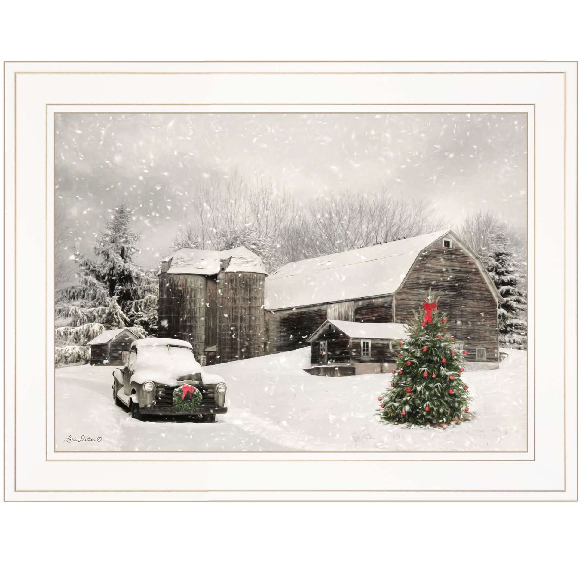 Trendy Decor 4U Farmhouse Christmas Framed Wall Art featuring rustic winter scene with barn and decorated Christmas tree by Lori Deiter