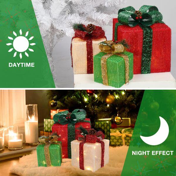 LED60 Light Warm White Christmas Gift Box 3-Piece Set displaying both day and night lighting effects under a Christmas tree.