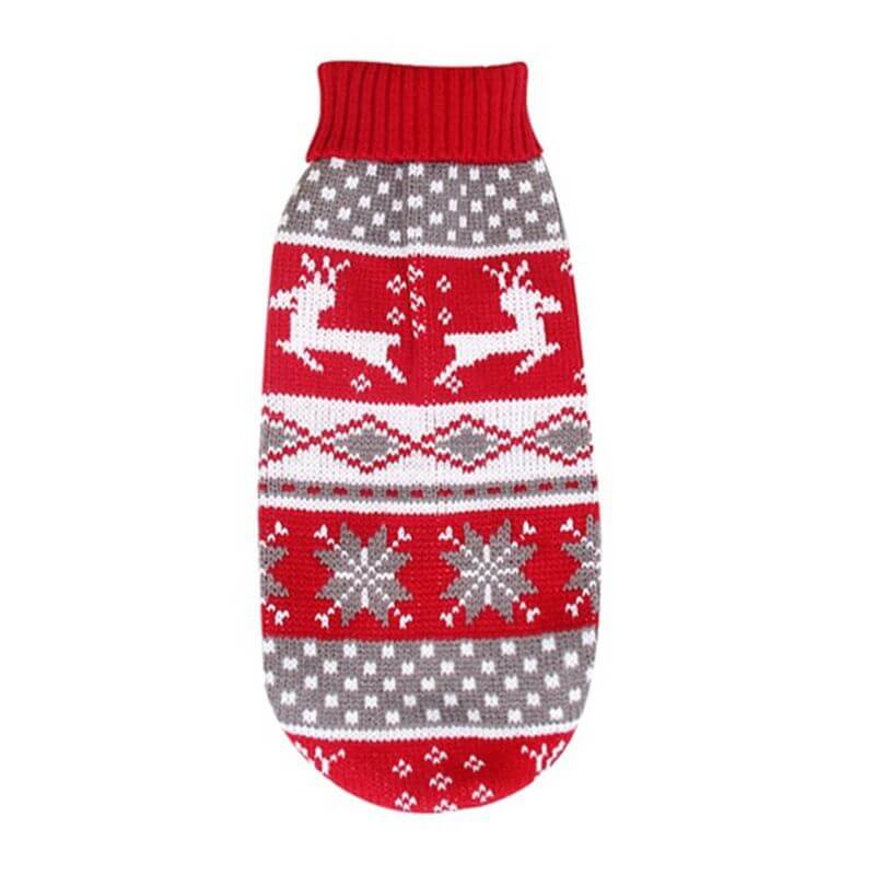 Christmas Reindeer Dog Sweater Winter Coat with maple leaf and snowflake patterns, festive knit pet clothing for holiday season warmth.