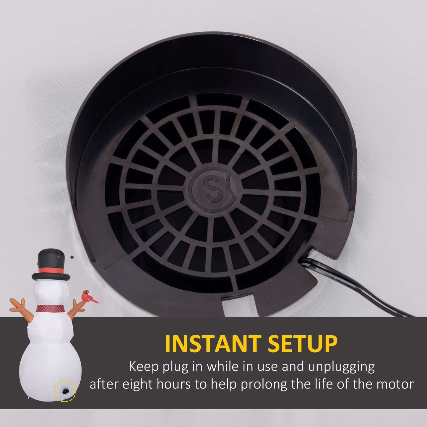 Instant setup fan detail for Inflatable Snowman with LED lights, 8ft Christmas decoration.