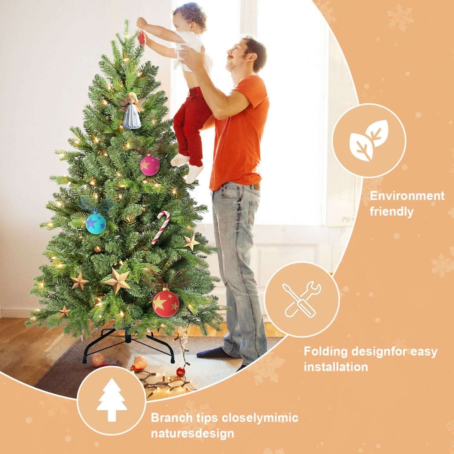 Family decorating 4FT Christmas Tree with LED Lights and hinged structure for easy setup