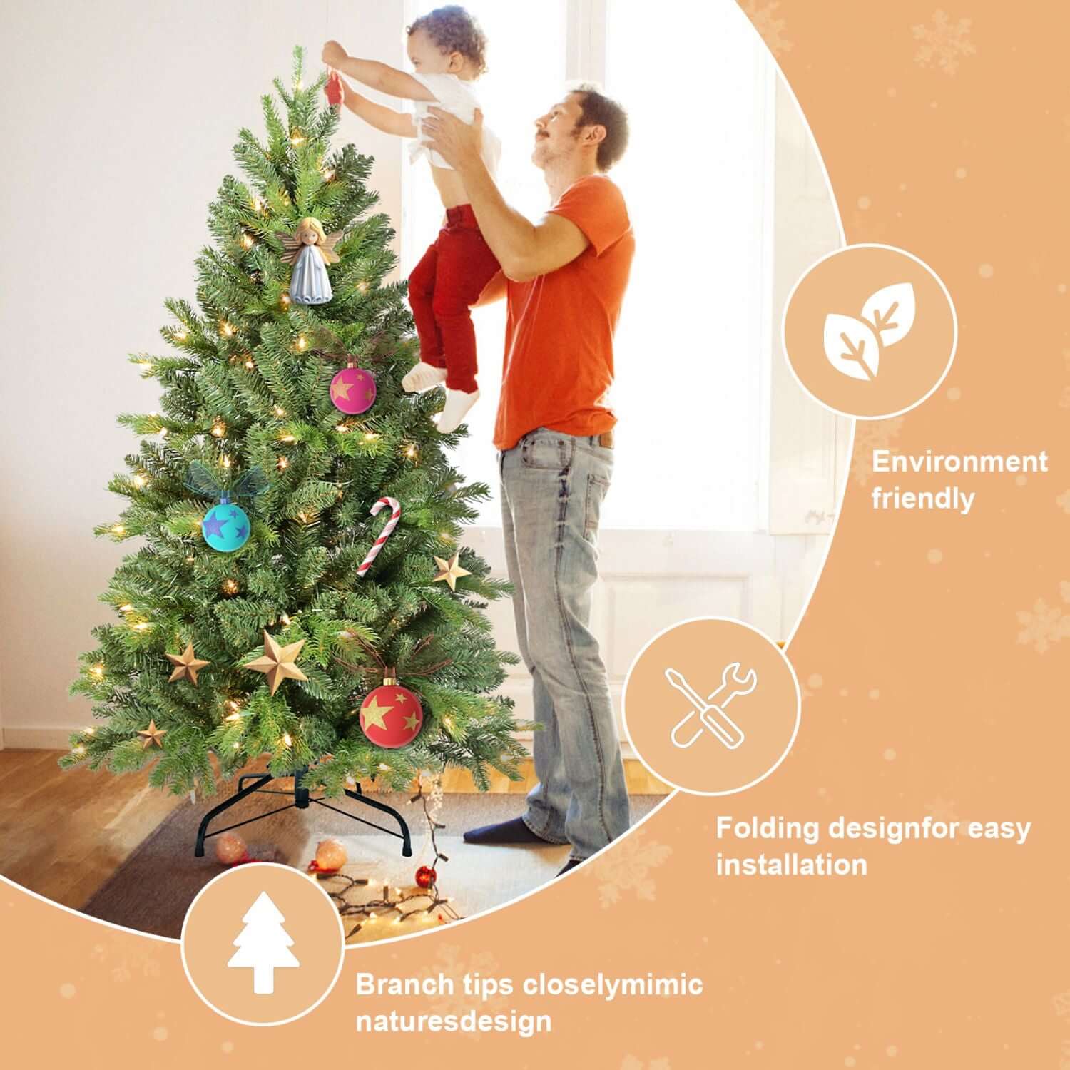 Family decorating 4FT Christmas Tree with LED Lights and hinged structure for easy setup