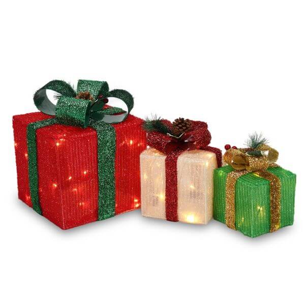 LED60 Light Warm White Christmas Gift Box 3-piece set with onion cloth design, festive decoration for indoor and outdoor use.