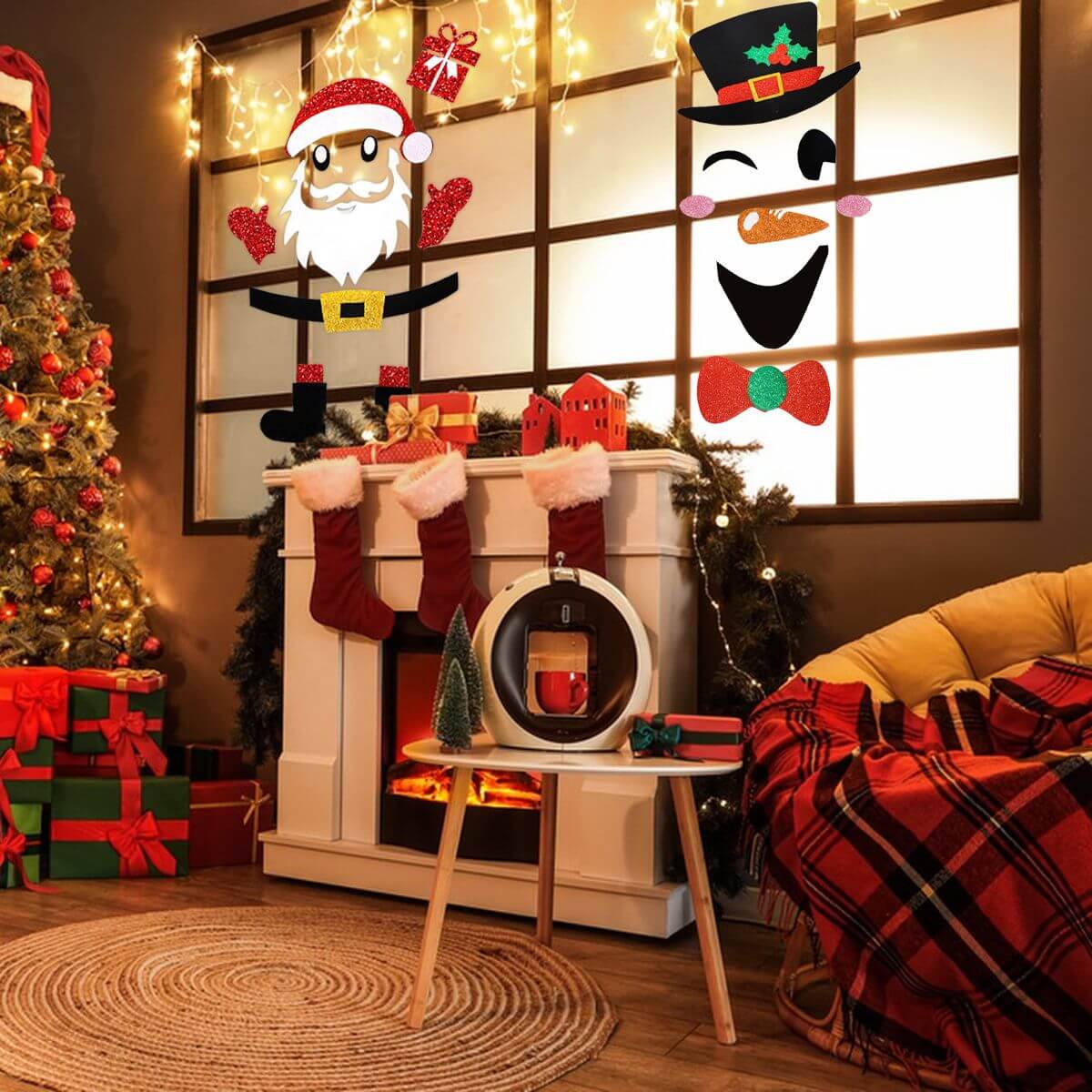 Festive living room with Christmas Door Stickers featuring Santa Claus and snowman designs on the window, enhancing holiday decor.