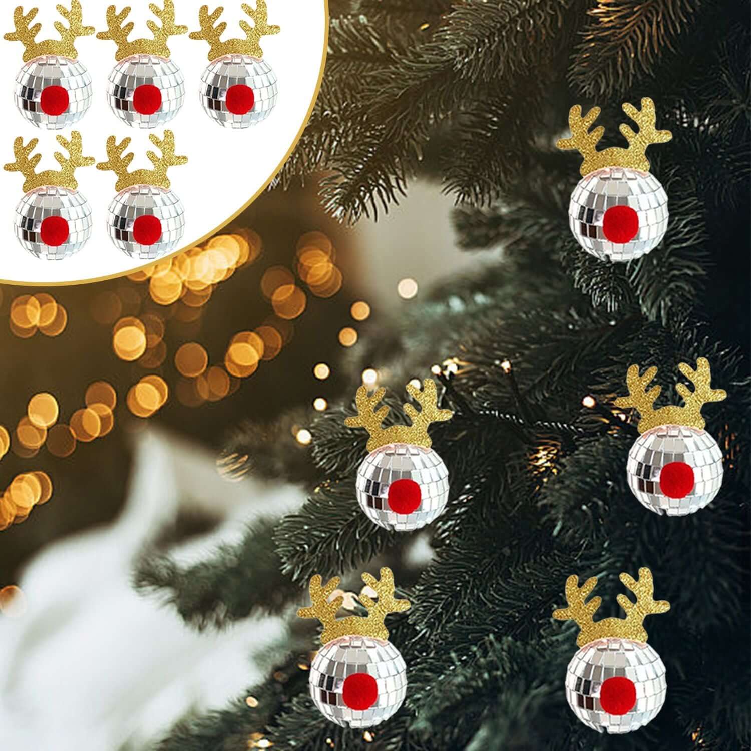 5PCS Disco Mirror Elk Horn Christmas Decor sparkling on a Christmas tree