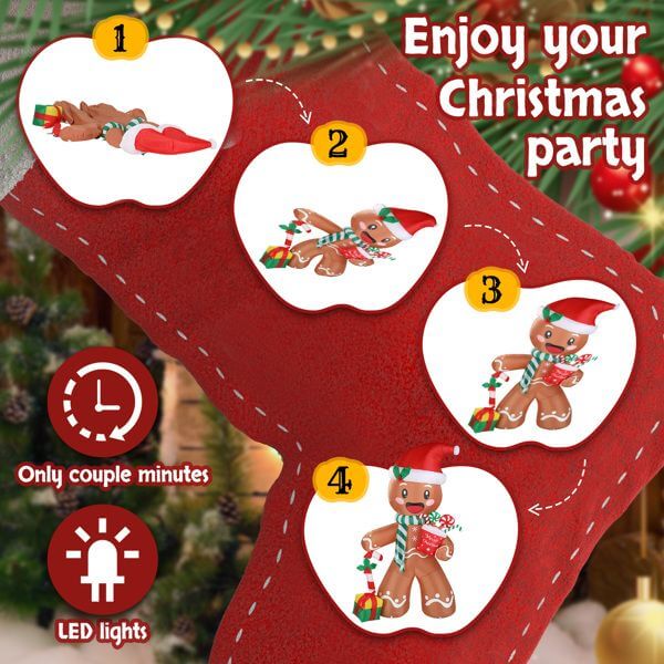 Christmas Inflatable Decoration with funny gingerbread man and LED lights setup guide, ideal for festive parties and quick assembly.