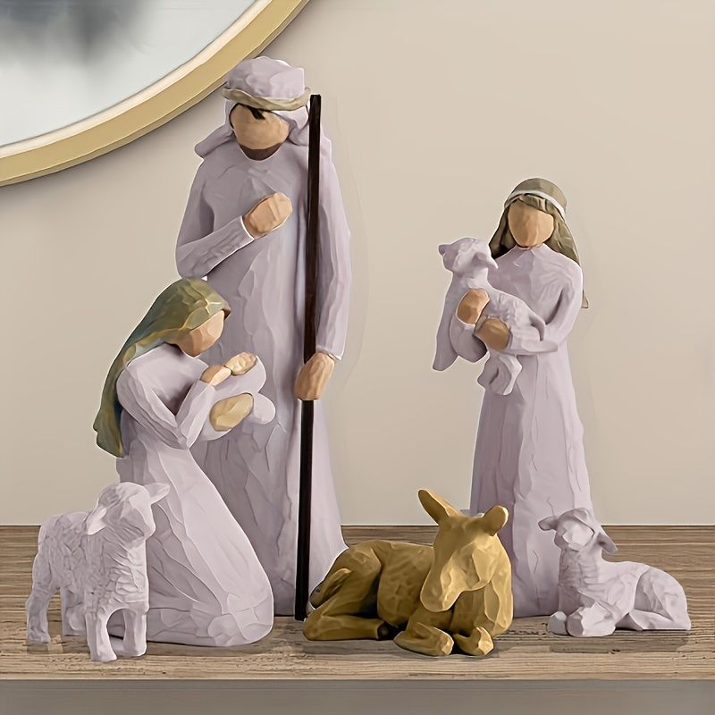 Nativity Figurine Hand Painted, depicting a hand-painted nativity scene with figures of Mary, Joseph, and baby Jesus for holiday decor.