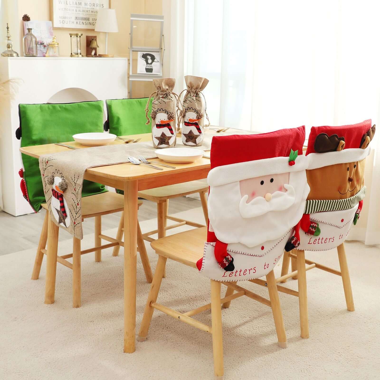 Festive dining room with Christmas Snowman Chair Cover and holiday decorations on table and chairs.